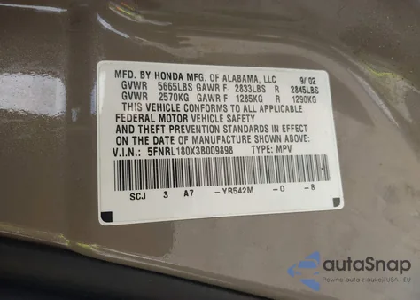 2003 Honda Odyssey Ex-L from USA, damaged, VIN 5FNRL180X3B009898